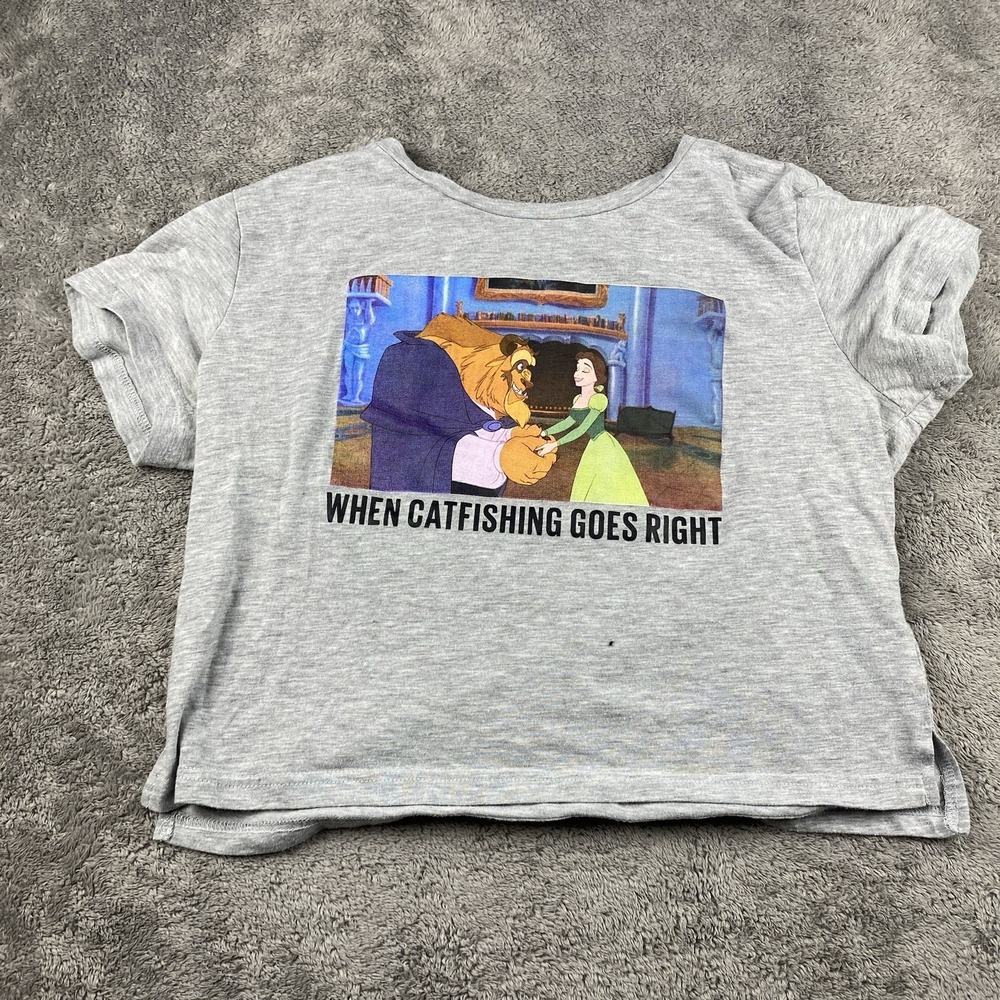 Disney Short Sleeve Shirt Womens Medium Gray Beauty and the Beast Catfishing